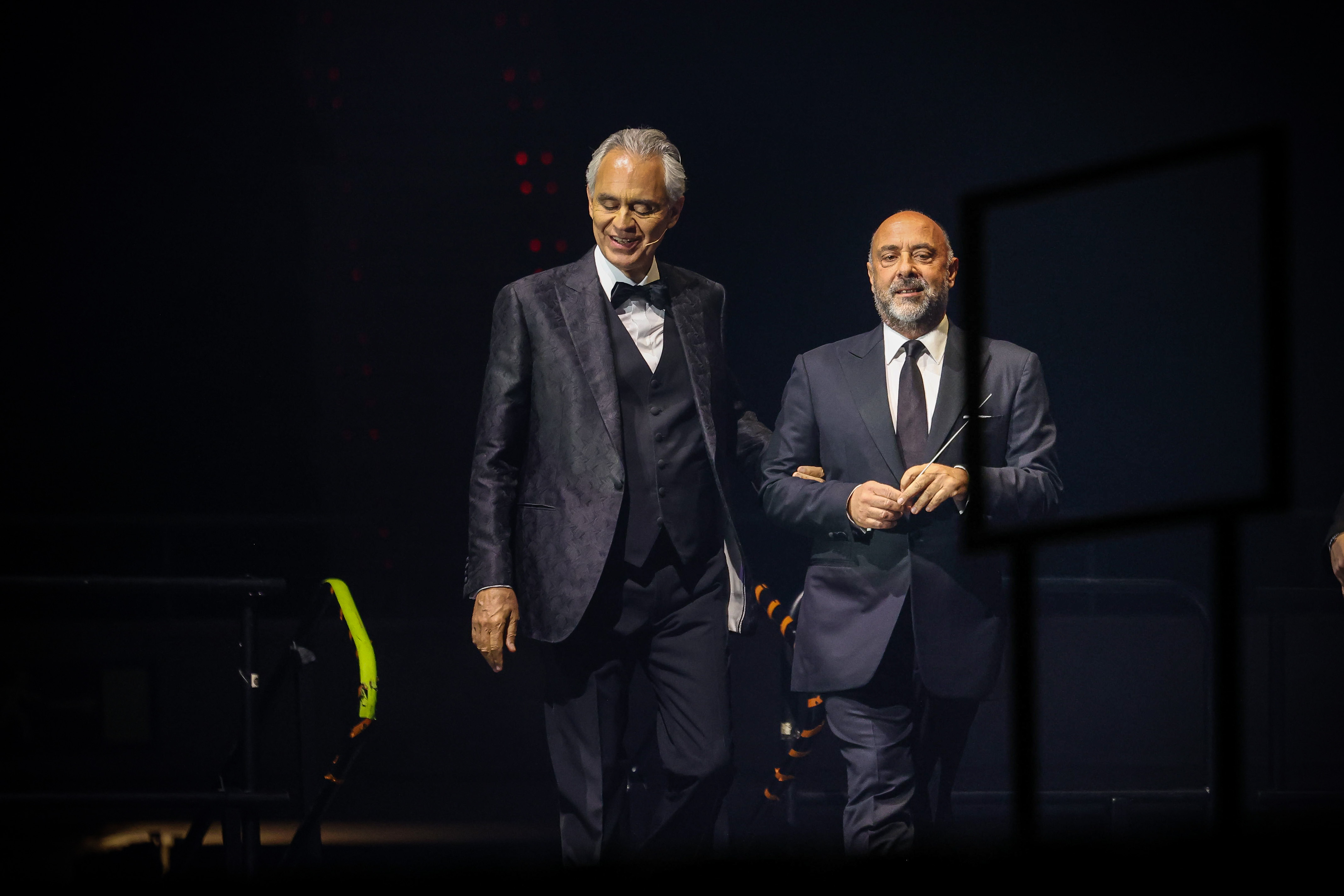 Singer Andrea Bocelli and director Carlo Bernini before starting the concert at the Palau Sant Jordi on April 30, 2024