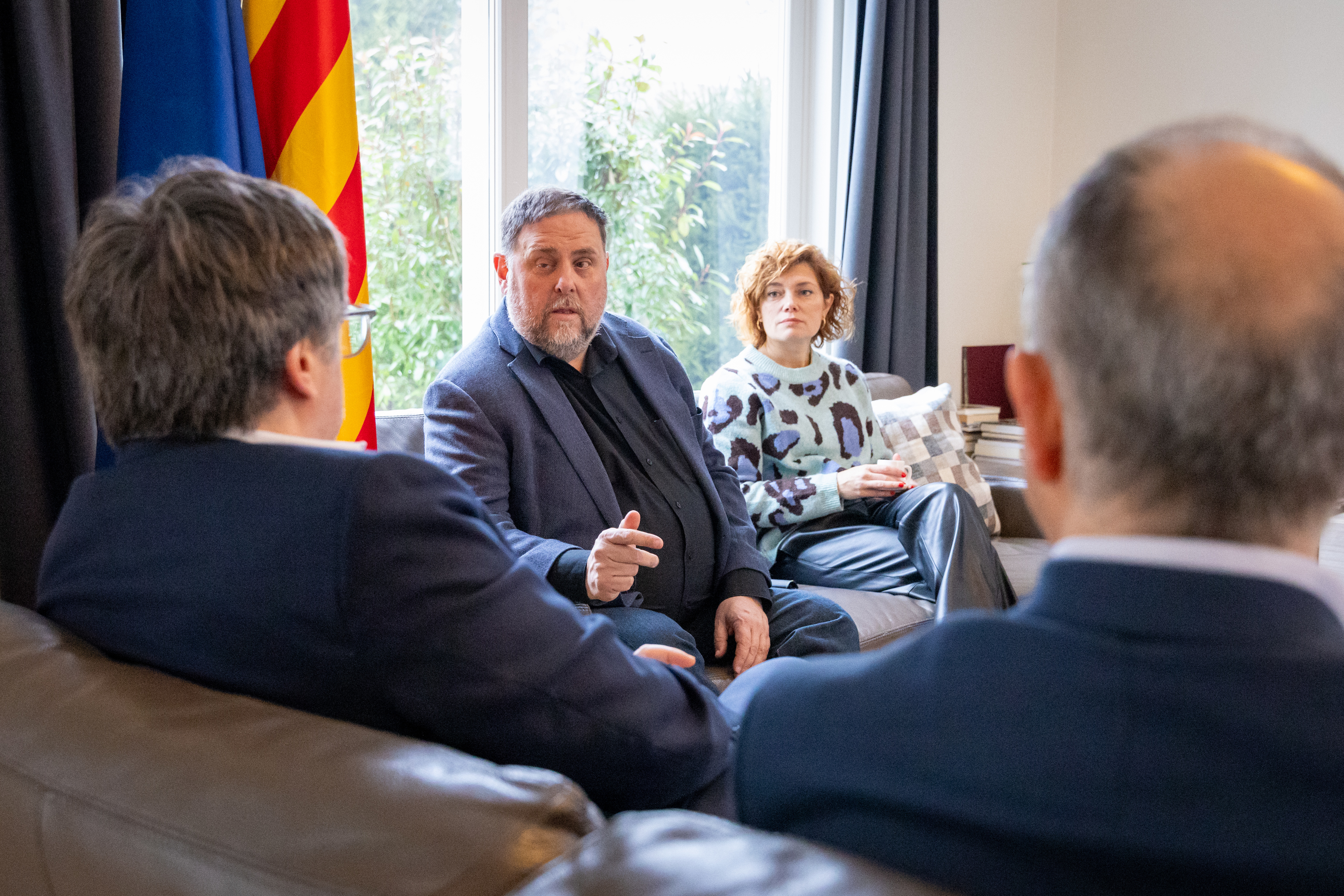 Esquerra Republicana secretary general Elisenda Alamany sits with party president Oriol Junqueras during a meeting with Junts secretary general Jordi Turull and party president Carles Puigdemont in Waterloo, Belgium, on January 16, 2025