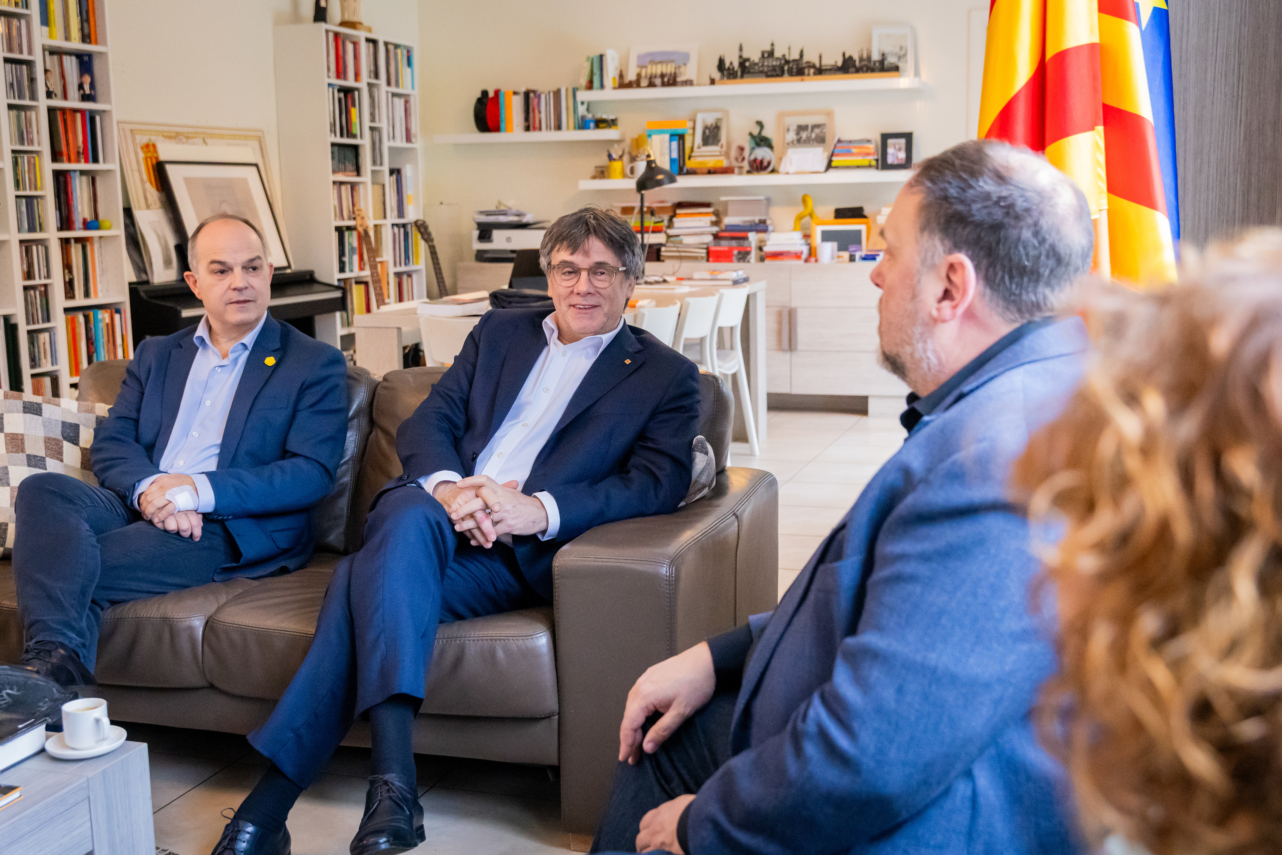 Junts' secretary Jordi Turull sits with party president Carles Puigdemotn during a meeting with Esquerra Republicana's secretary general Elisenda Alamany and group president Oriol Junqueras during a meeting in Waterloo, Belgium on January 16, 2025