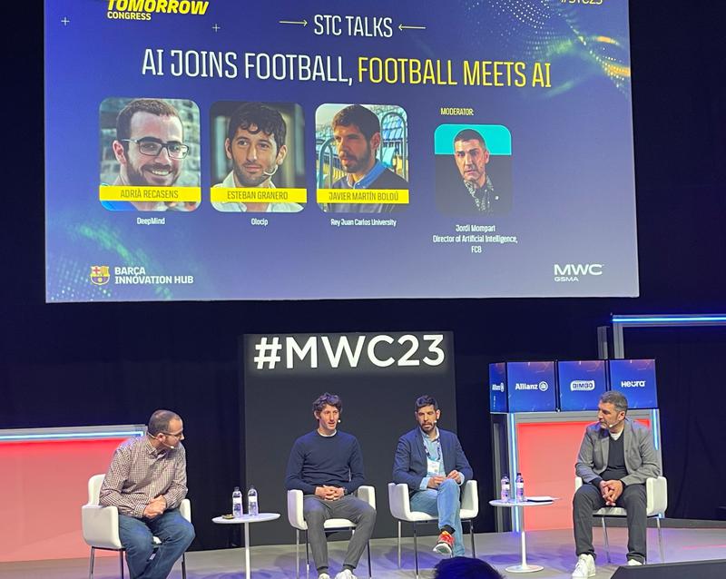 Adrià Recasens, Javier Martín Buldú, Esteban Granero, and Jordi Mompart on stage at Mobile World Congress 2023