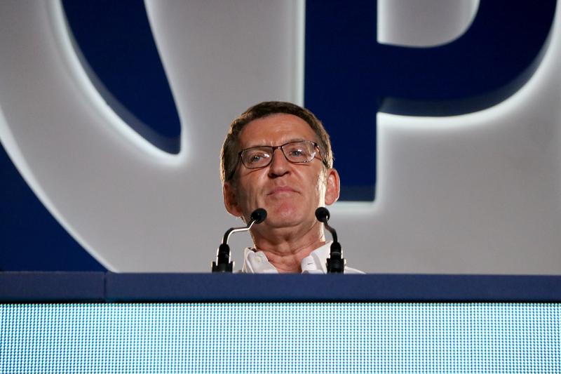 People's Party leader Alberto Núñez Feijóo speaks to supporters in Madrid following the count of Sunday's general election results