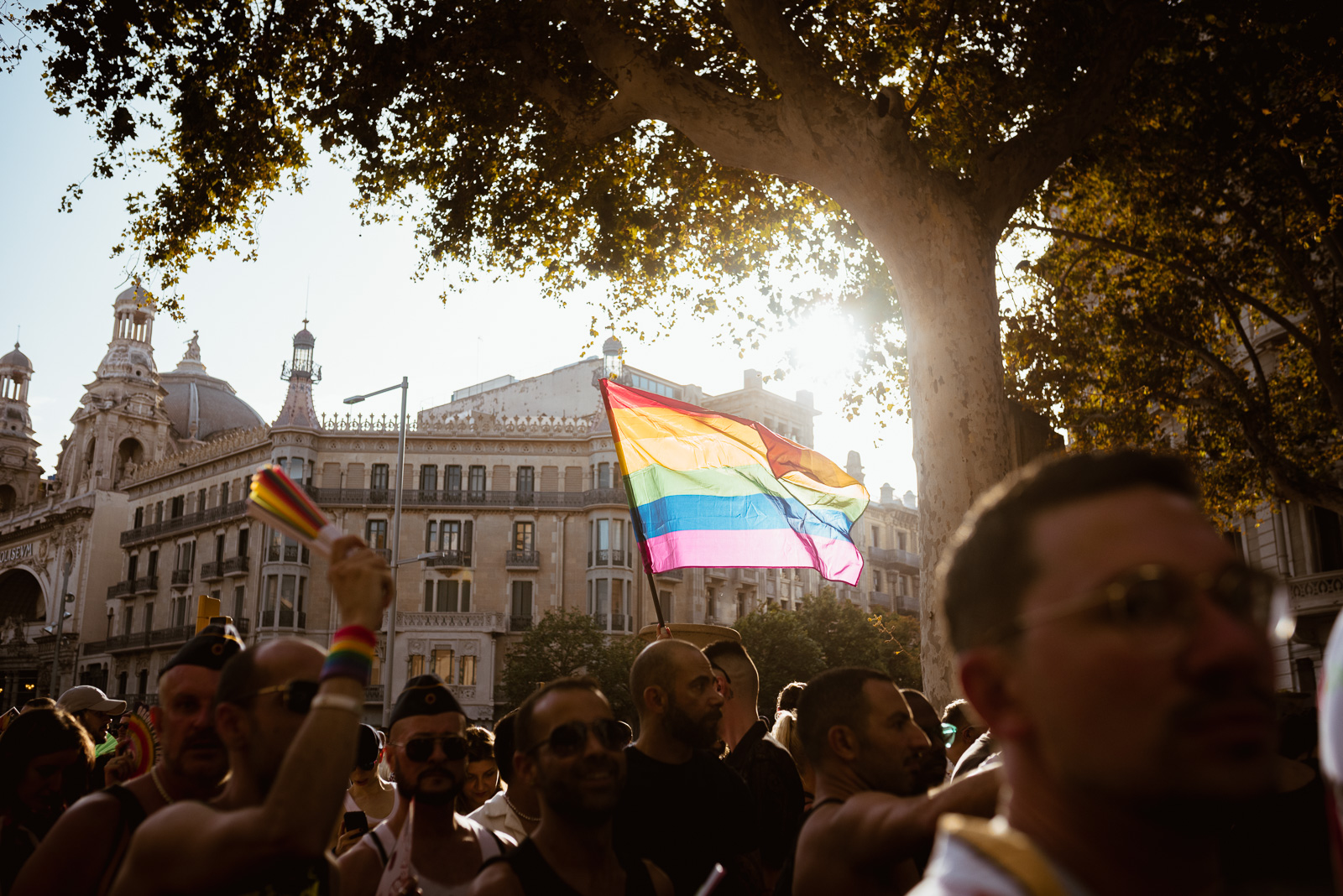 A rainbow LGBTI+ flag waves in Barcelona during the 2024 Pride! Parade on July 20, 2024