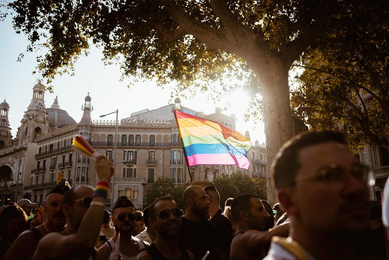A rainbow LGBTI+ flag waves in Barcelona during the 2024 Pride! Parade on July 20, 2024 