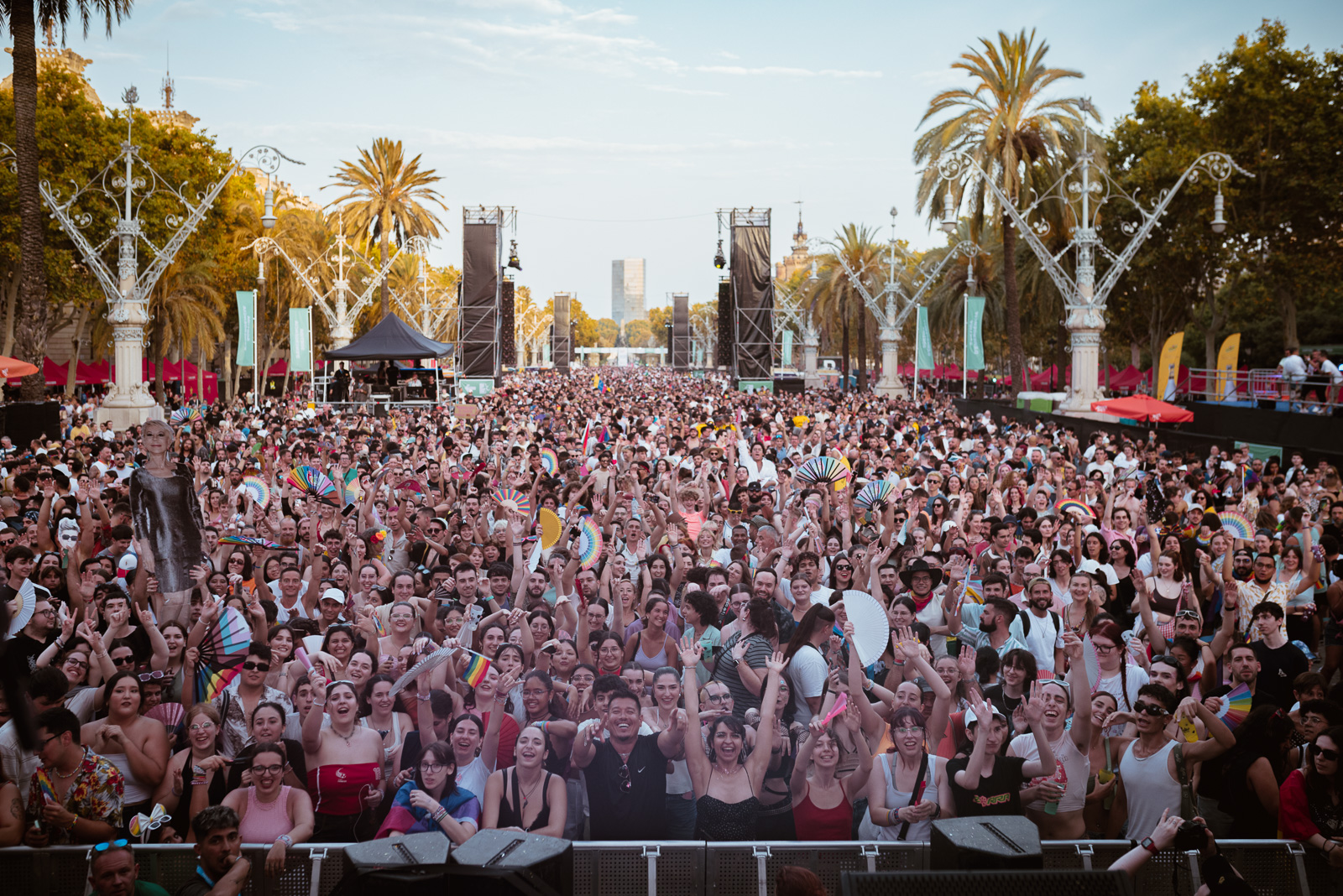 Thousands of people gathered at Arc de Triomf in Barcelona after the LGBT parade during the Pride rally taking place in the Catalan capital on July 20, 2024