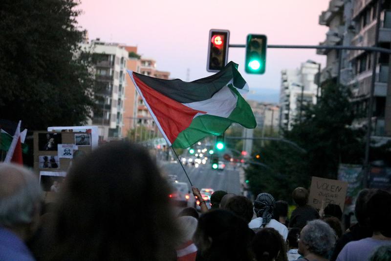 A Palestine flag at a demonstration in Lleida