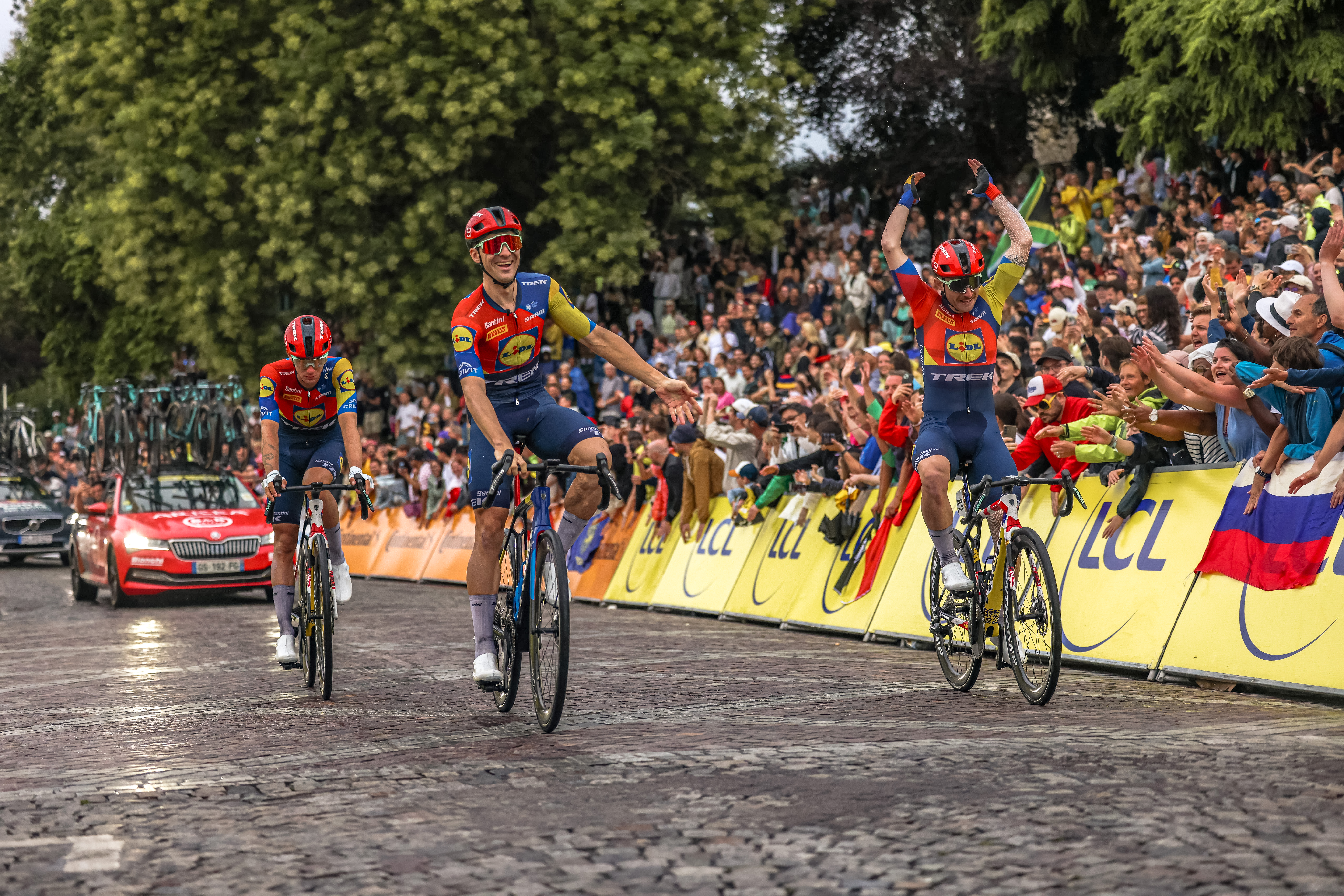 Simone Consonni and Edward Theuns from the 2025 Tour de France team Lidl - Trek during the final stage in Paris