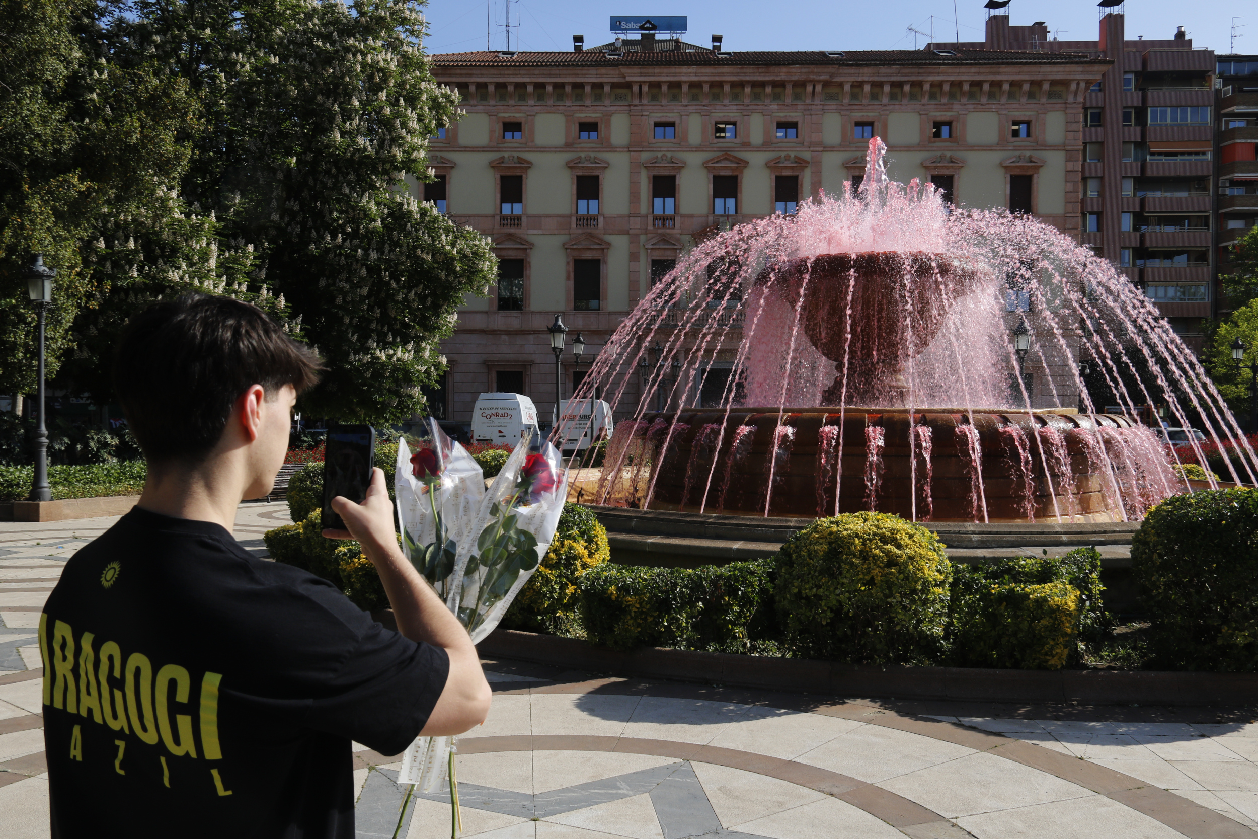 A boy photographs two roses with the fountain in Plaça de la Pau in Lleida in the background, dyed red for Sant Jordi