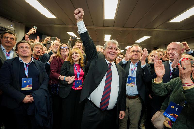 Joan Laporta celebrates after being re-elected as president of FC Barcelona