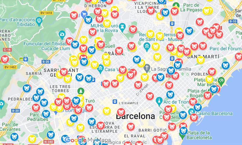 Screenshot of the Catalan News map with the 220 dog-friendly areas in Barcelona
