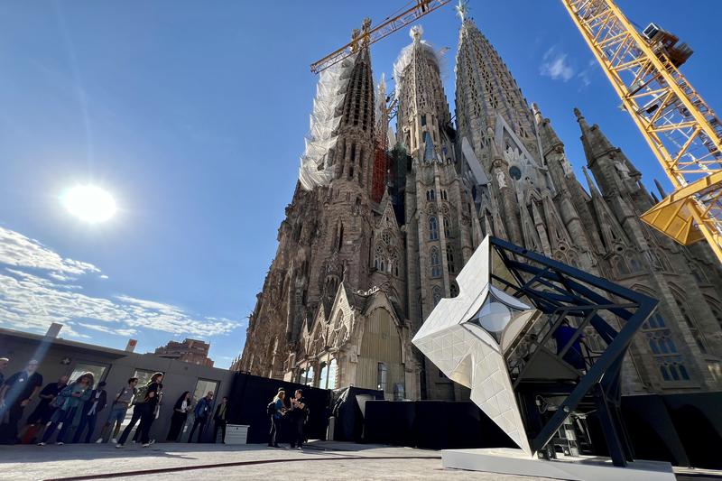 The prototype of one of the arms of the cross that will sit on top of the Tower of Jesus Christ in the Sagrada Família during a press visit on September 19, 2024