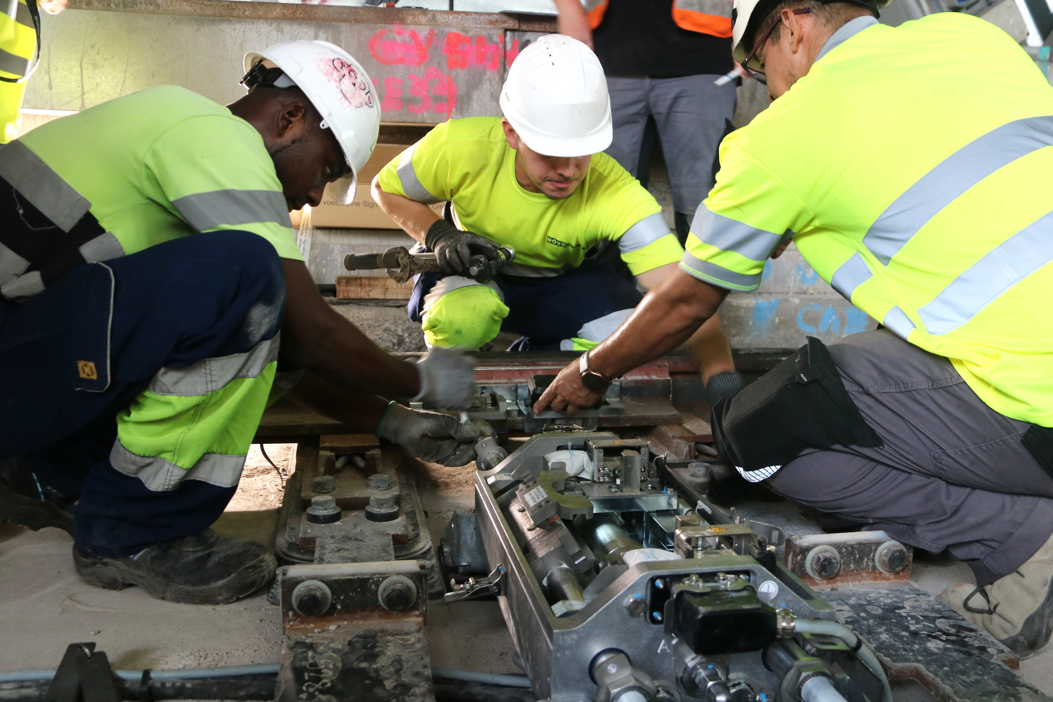 Workers during construction work on Barcelona Metro L1 near Mercat Nou station