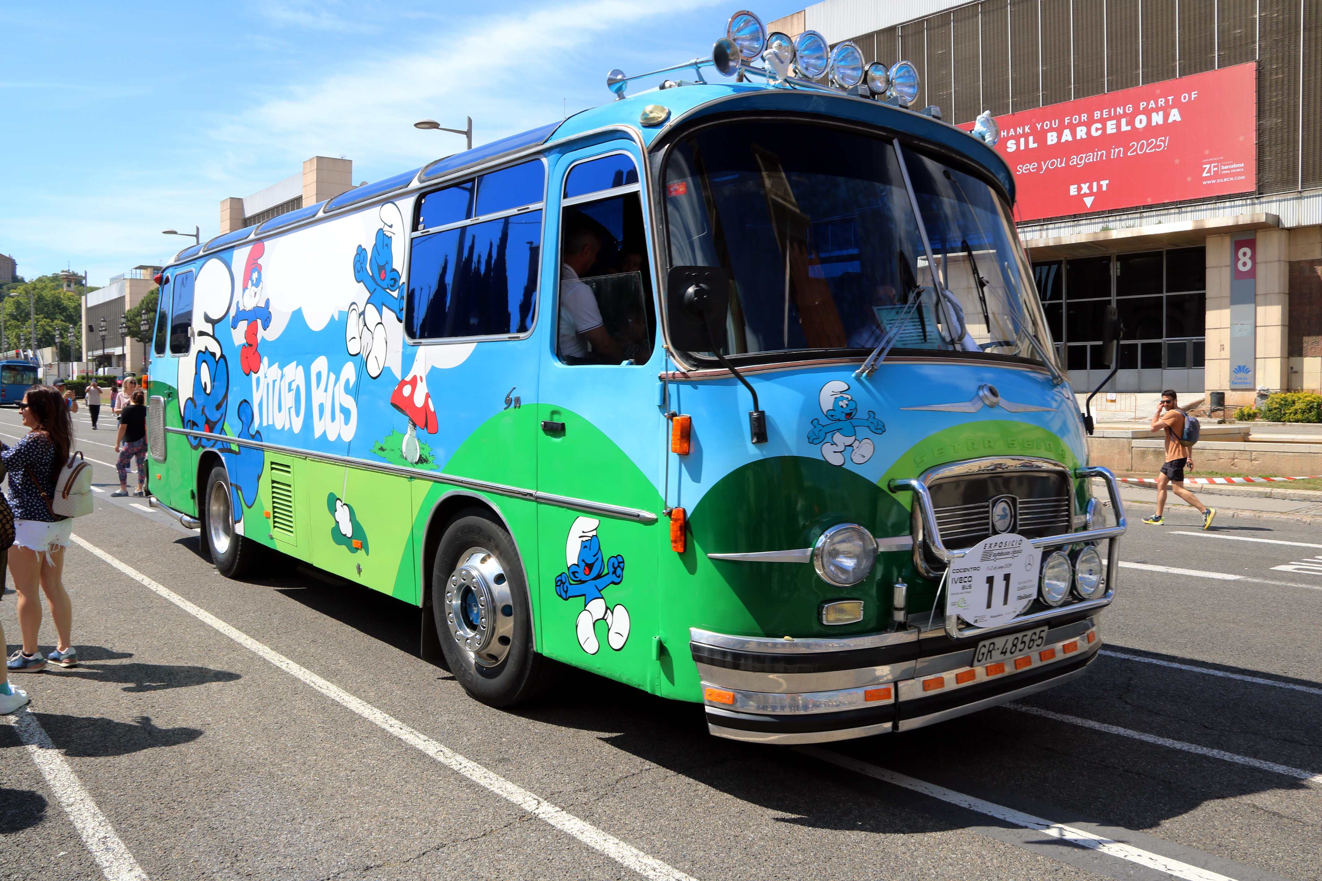 The 'Smurfs' vintage bus exhibited in Barcelona during a Vintage Buses exhibition in the Catalan capital on June 2, 2024