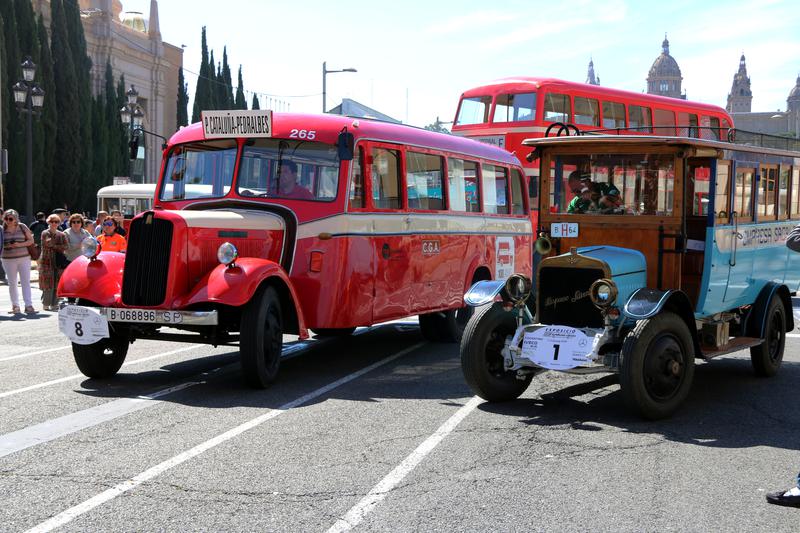 Several vintage buses, including a double-decker exhibited in Barcelona during a vintage buses show on June 2, 2024