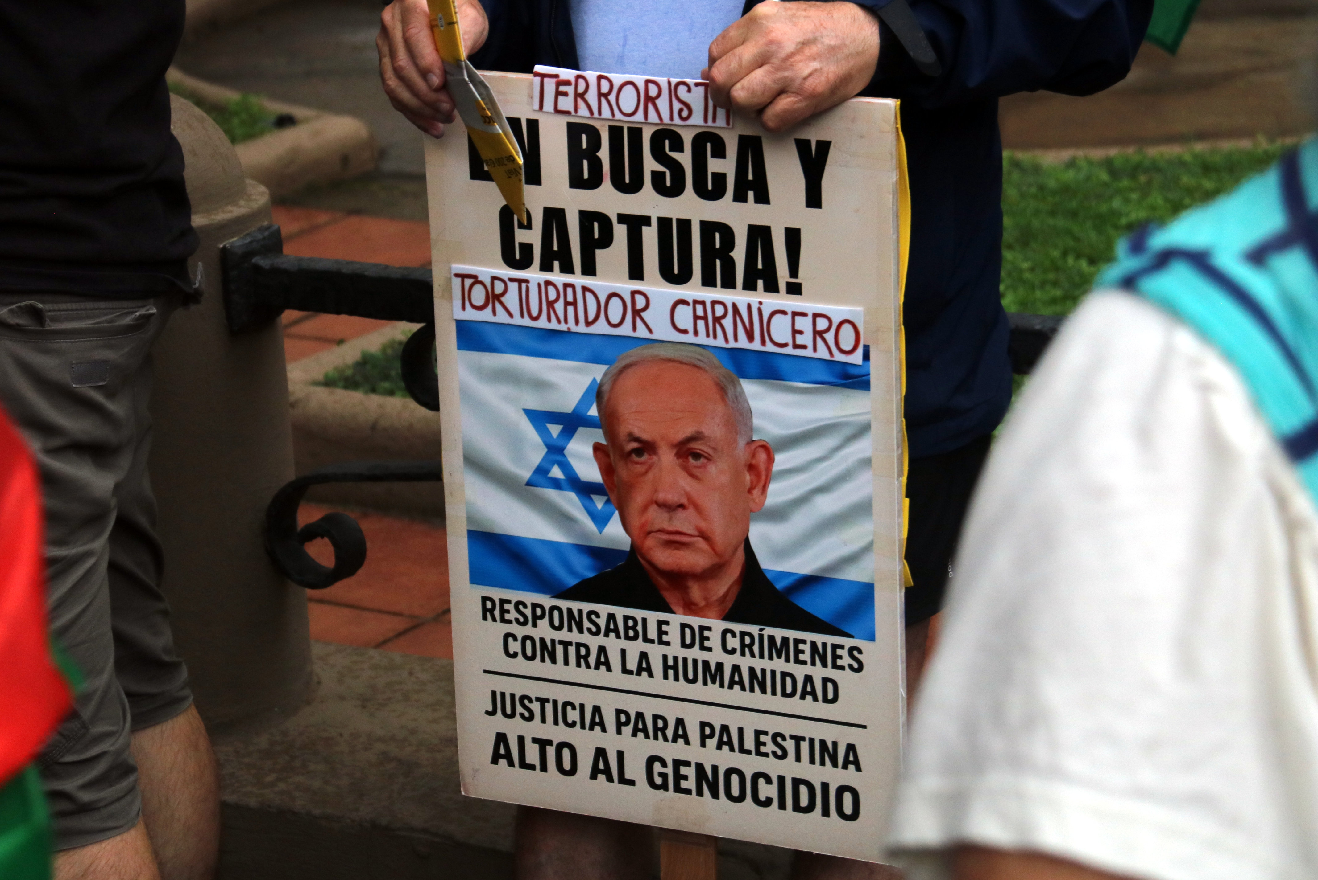 A poster against Israel's PM Benjamin Netanyahu during a demonstration in Barcelona