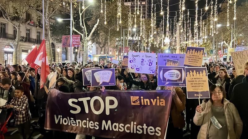 Thousands demonstrate in Barcelona's city center on the 2022 International Day for the Elimination of Violence Against Women on November 25, 2022