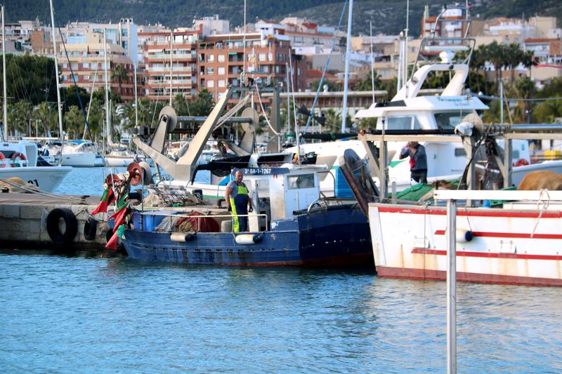 A fisherman working on a boat docked at the port of La Ràpita
