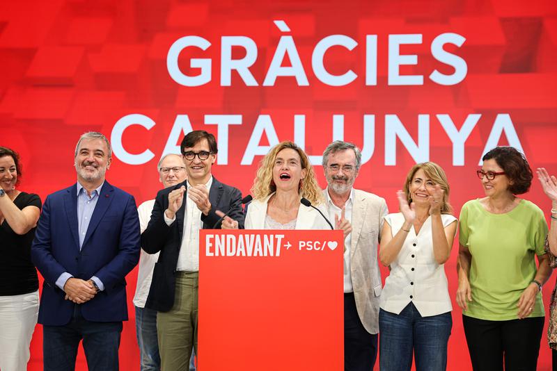 Catalan Socialist candidate in Congress Meritxell Batet speaks after winning in Catalonia during the Spanish election on July 23, 2023