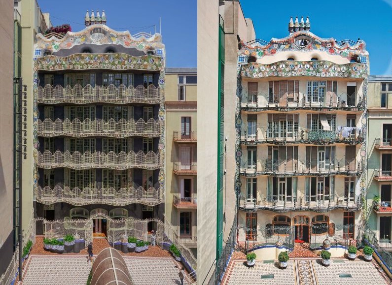 After and before the restoration of Casa Batlló's rear facade and private courtyard