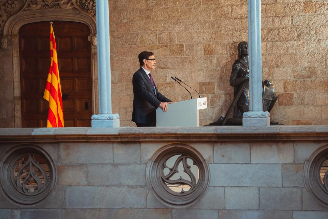 Catalan president Salvador Illa gives a speech at the government headquarters building
