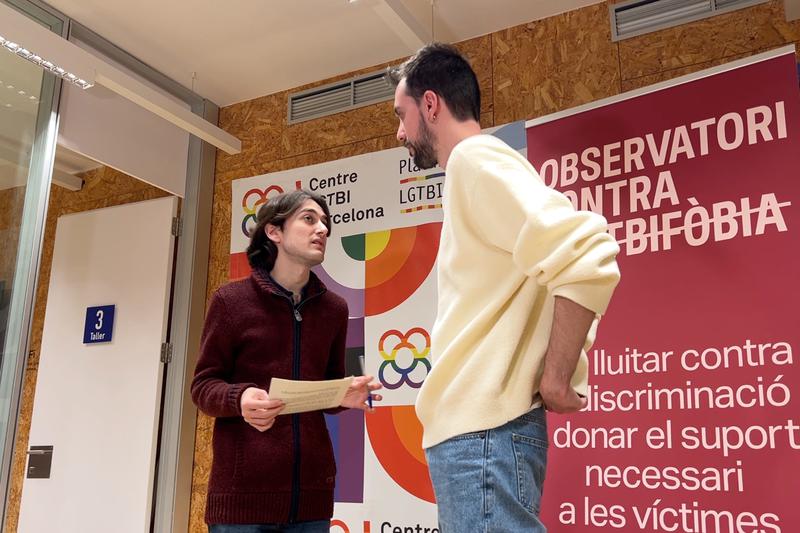 The officials of the Observatory against LGTBI-phobia before speaking to the media.