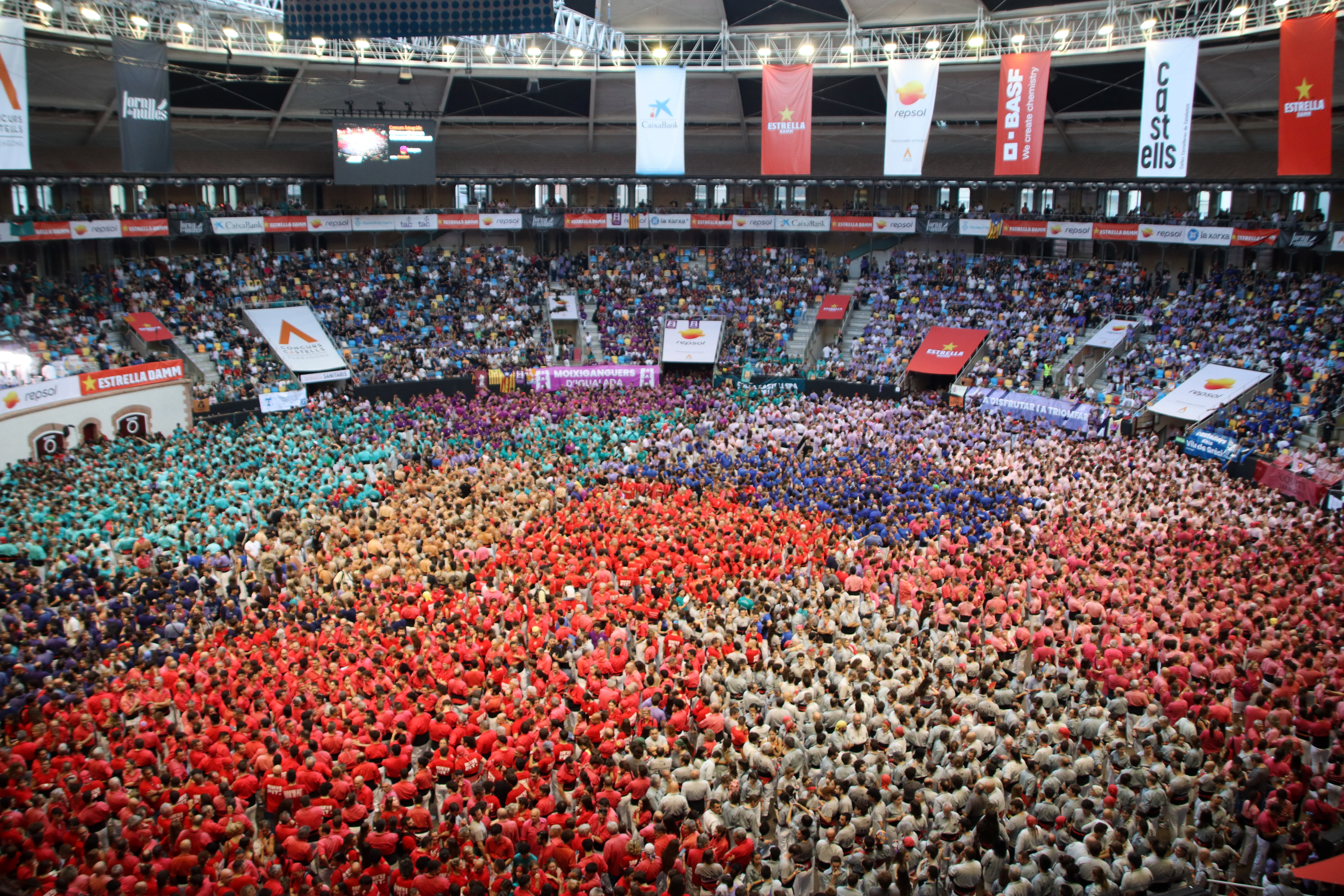 The twelve castell groups at the Tarraco Arena during the Sunday session of the 30th Tarragona Human Tower Competition.