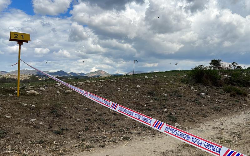 Catalan Mossos d'Esquadra police barricade tape in Moià, where a plane accident took place on April 30, 2023