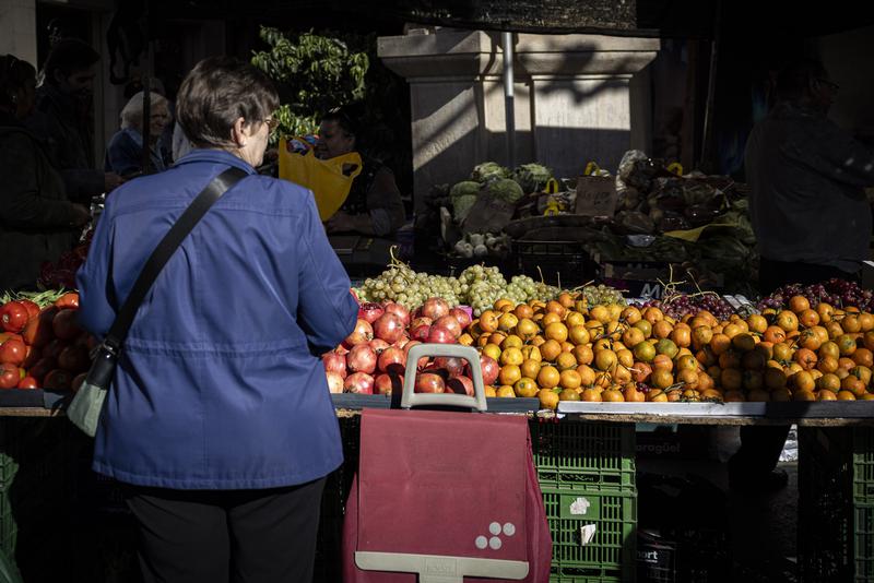 A woman in a fruit shop, with a shopping cart