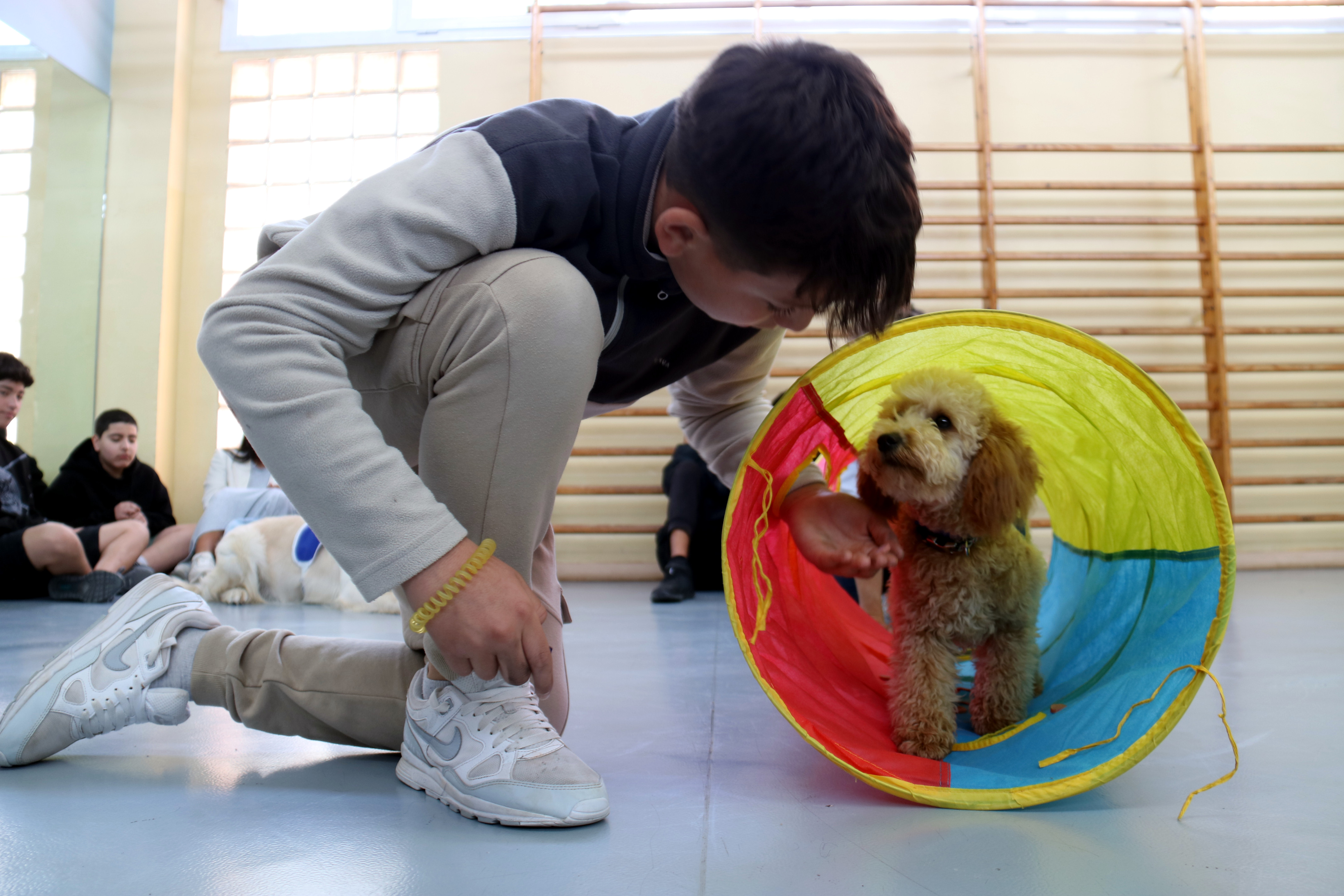 A student during a dog therapy session at the high school Lacetània