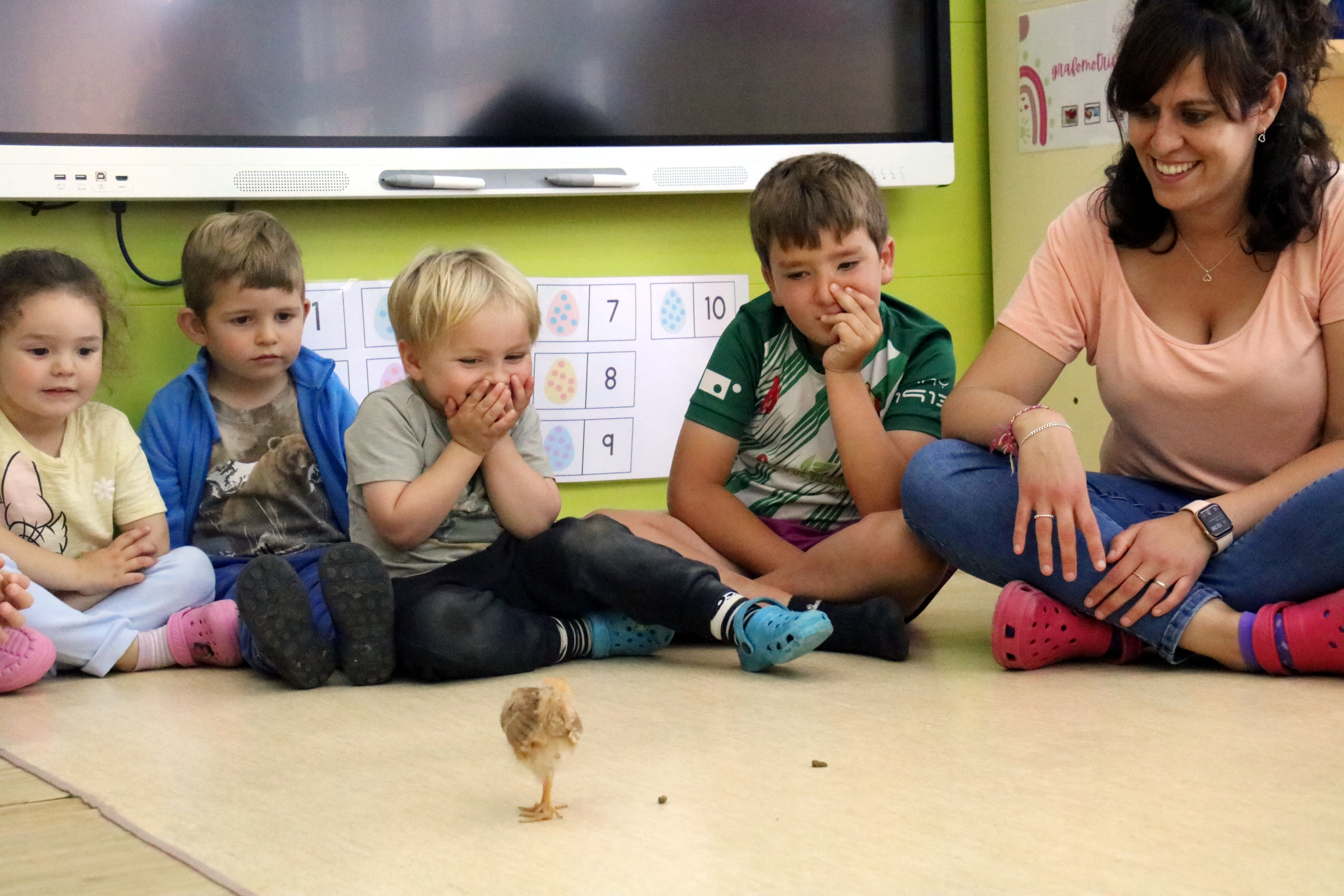 Children from the school in Vilada watching a chick