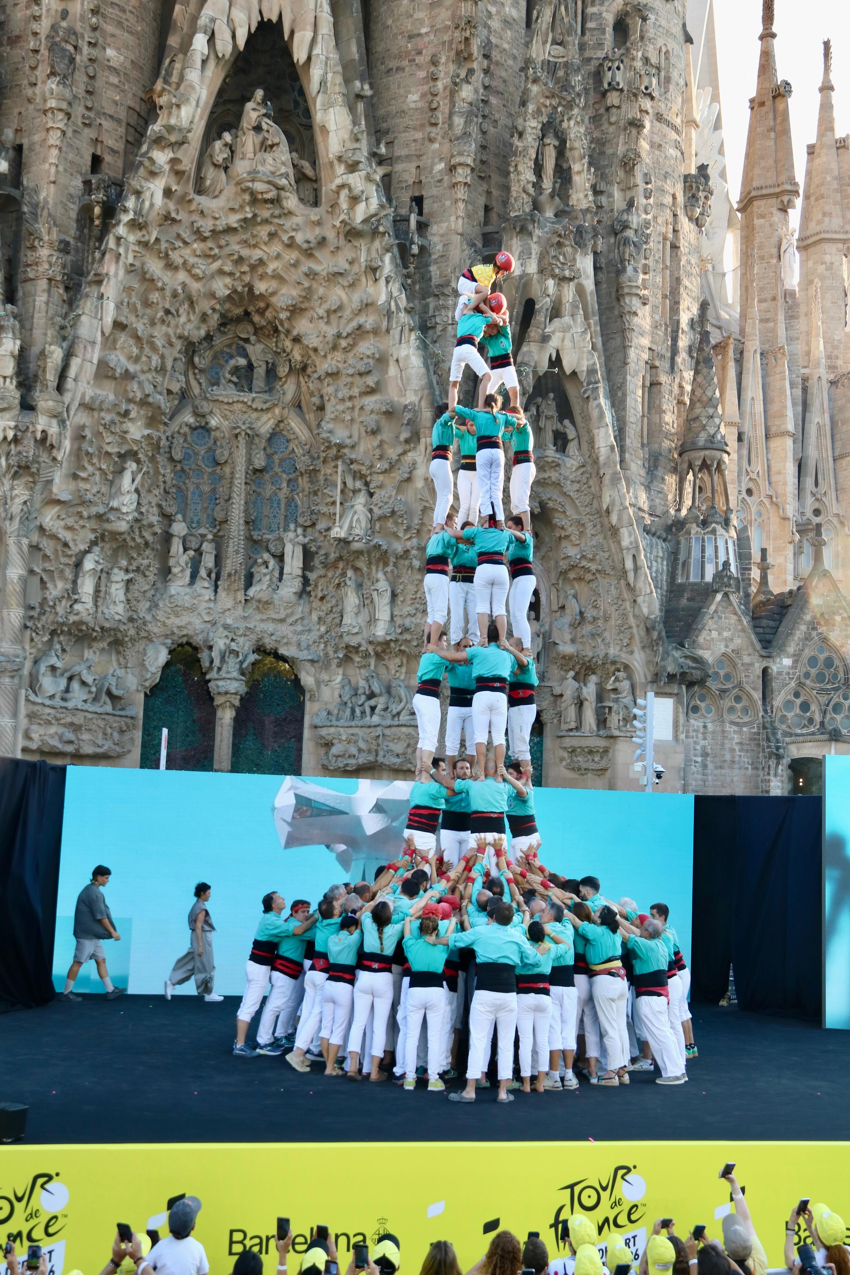 A Castellers human tower group during the presentation show of the teams participating in the Tour de France in Barcelona