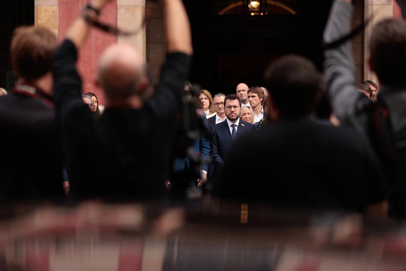 The Catalan president, Pere Aragonès, standing outside the Catalan parliament on September 27, 2022