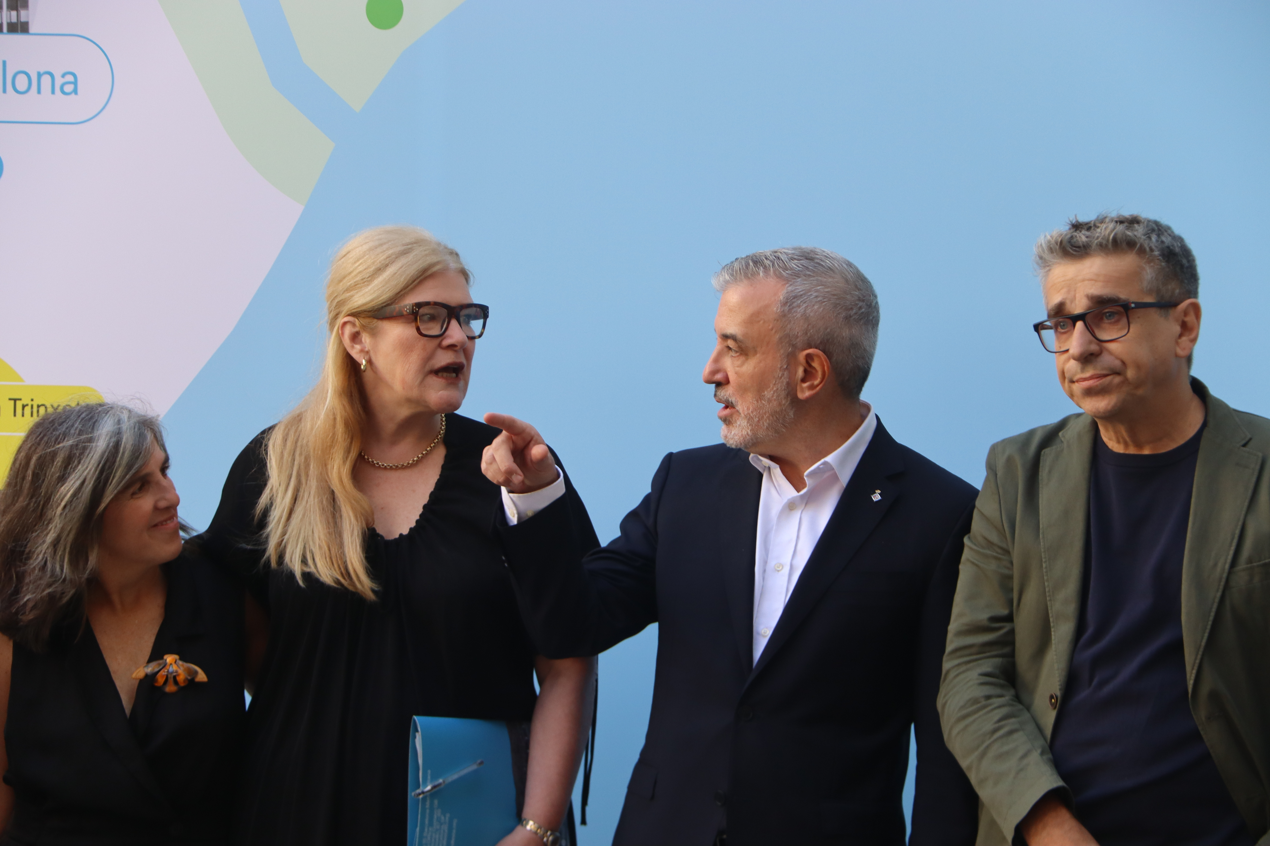 Manifesta 15 director Hedwig Fijen speaks with Barcelona mayor Jaume Collboni during the Manifesta 15 press conference on September 5, 2024