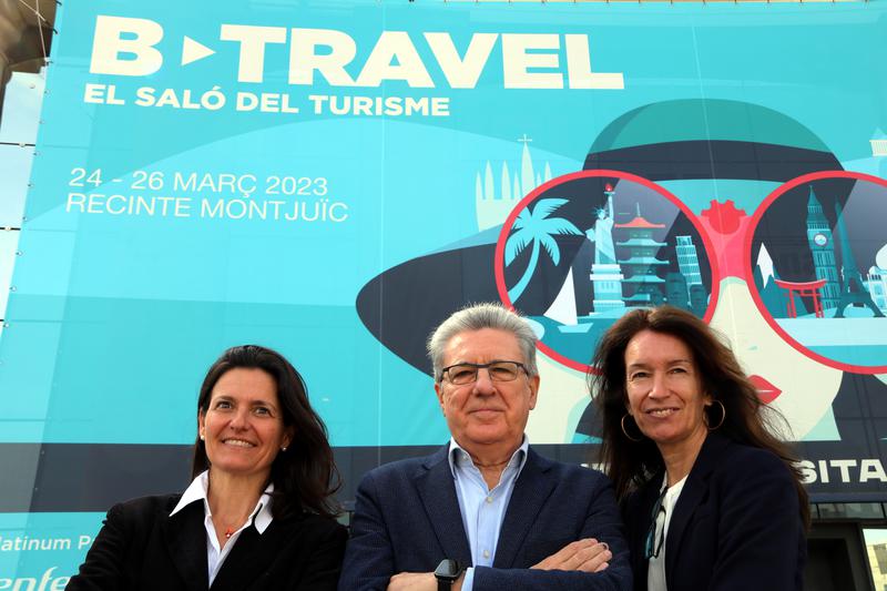 Catalan tourism department's director, Marta Domènech; B-Travel's president, Martí Sarrate; and the fair's director, Marta Serra, during B-Travel's presentation on March 21, 2023