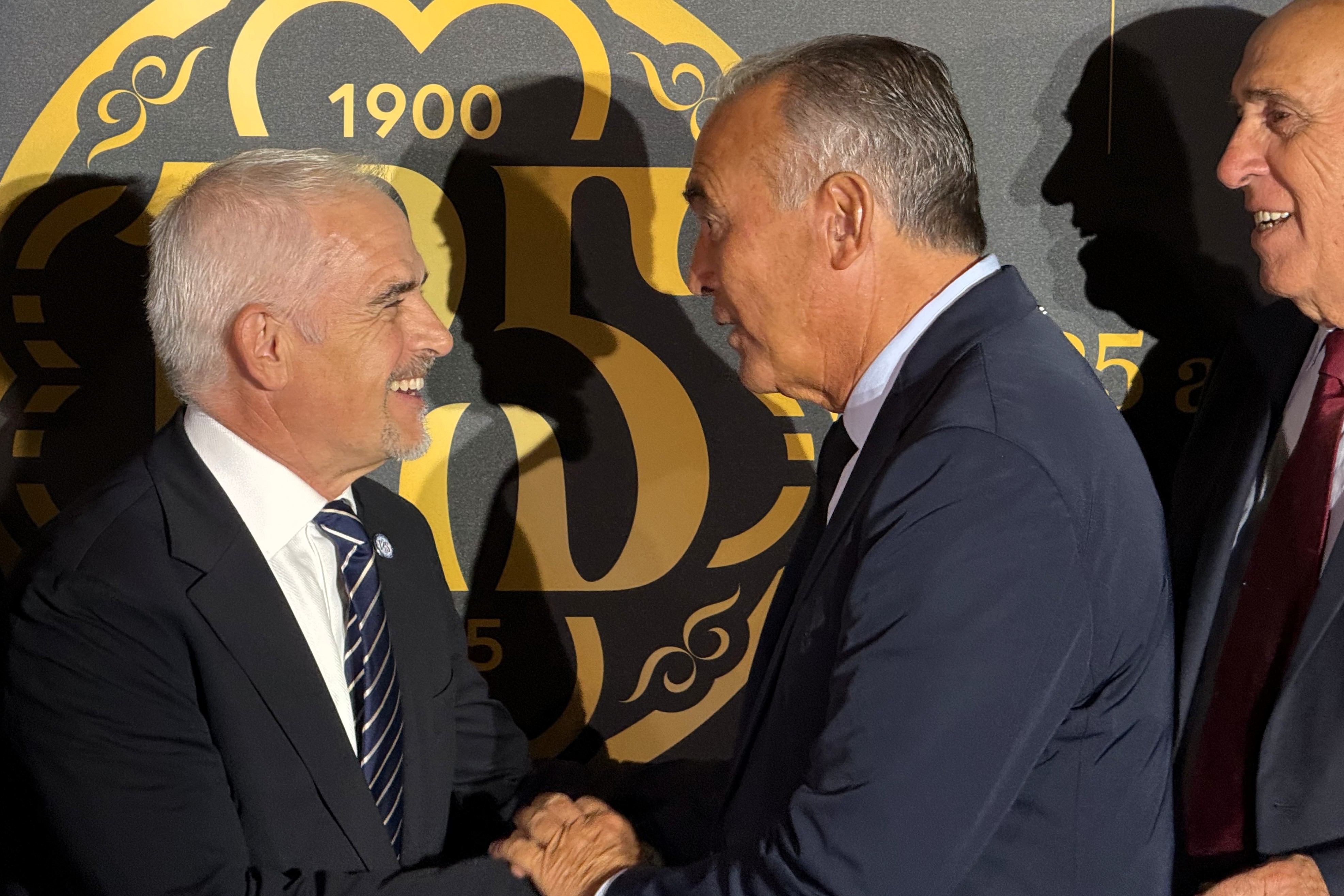 FC Barcelona vice president Rafael Yuste congratulates Espanyol president Alan Pace