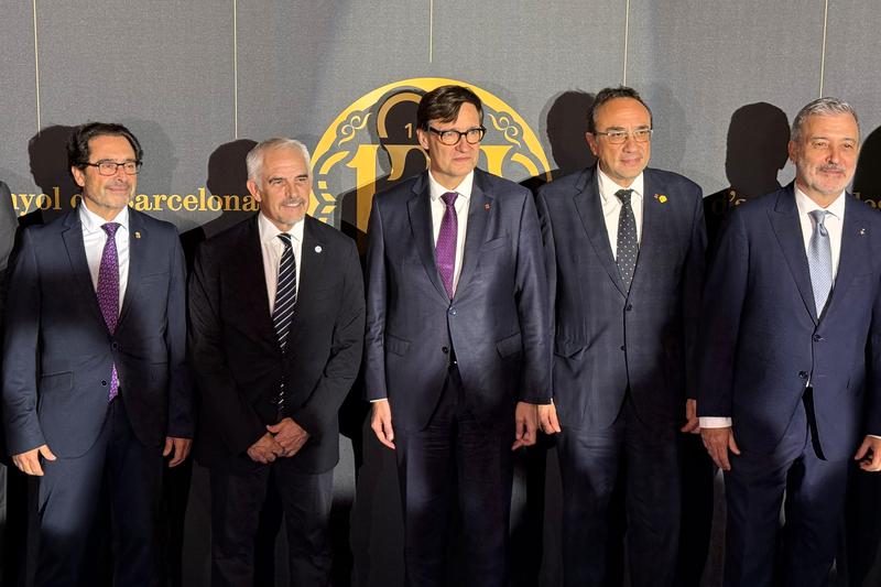 Catalan President Salvador Illa, RCD Espanyol president Alan Pace and other dignitaries pictured ahead of the 125th anniversary event