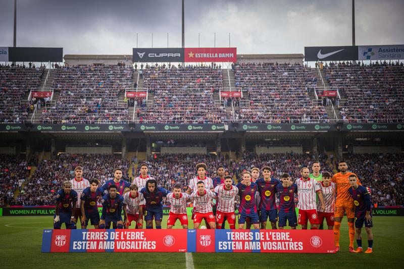FC Barcelona and Girona FC players before the Catalan derby on October 18, 2025 at Olympic Stadium