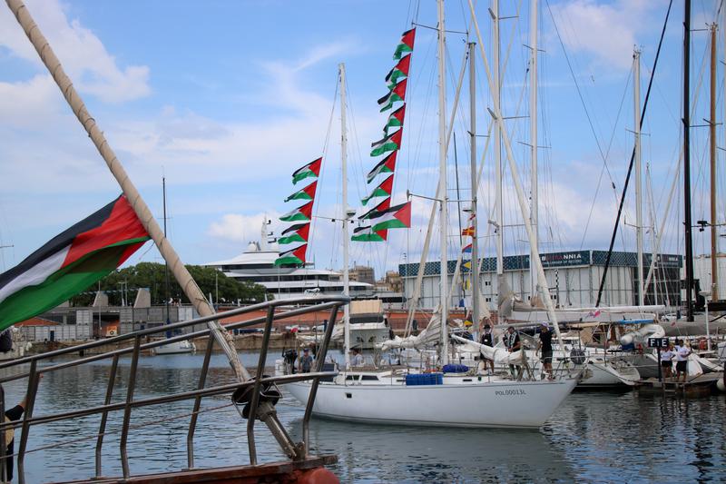 Vessels of the Global Sumud Flotilla leaving the port of Barcelona