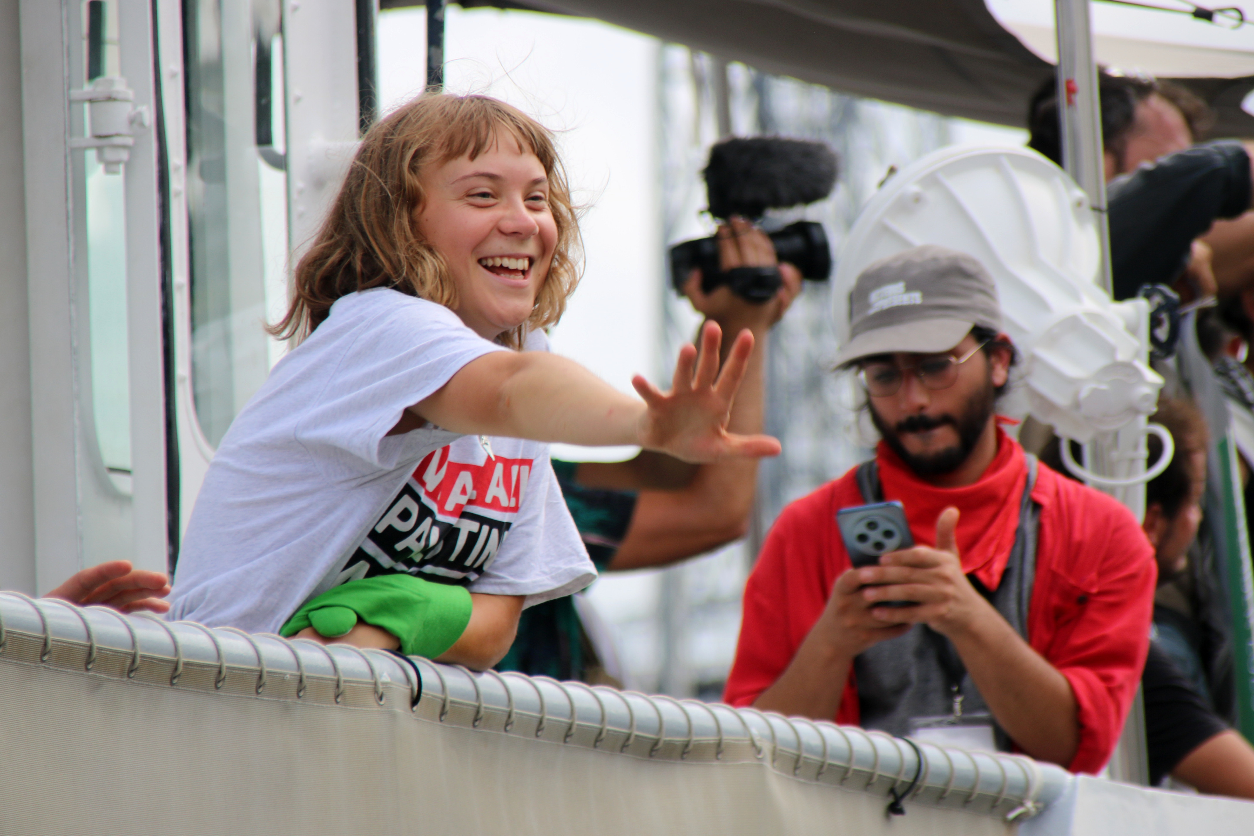 Greta Thunberg on one of the Global Sumud Flotilla ships in Barcelona