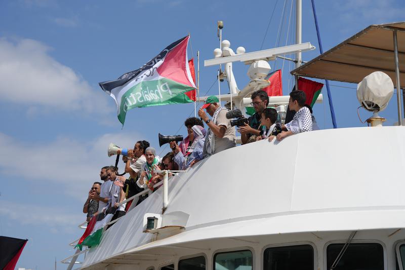 Activists part of the Global Sumud Flotilla destined for Gaza
