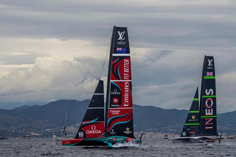 Emirates Team New Zealand faces Ineos Britannia during America's Cup match on October 18, 2024 off Barcelona's shore