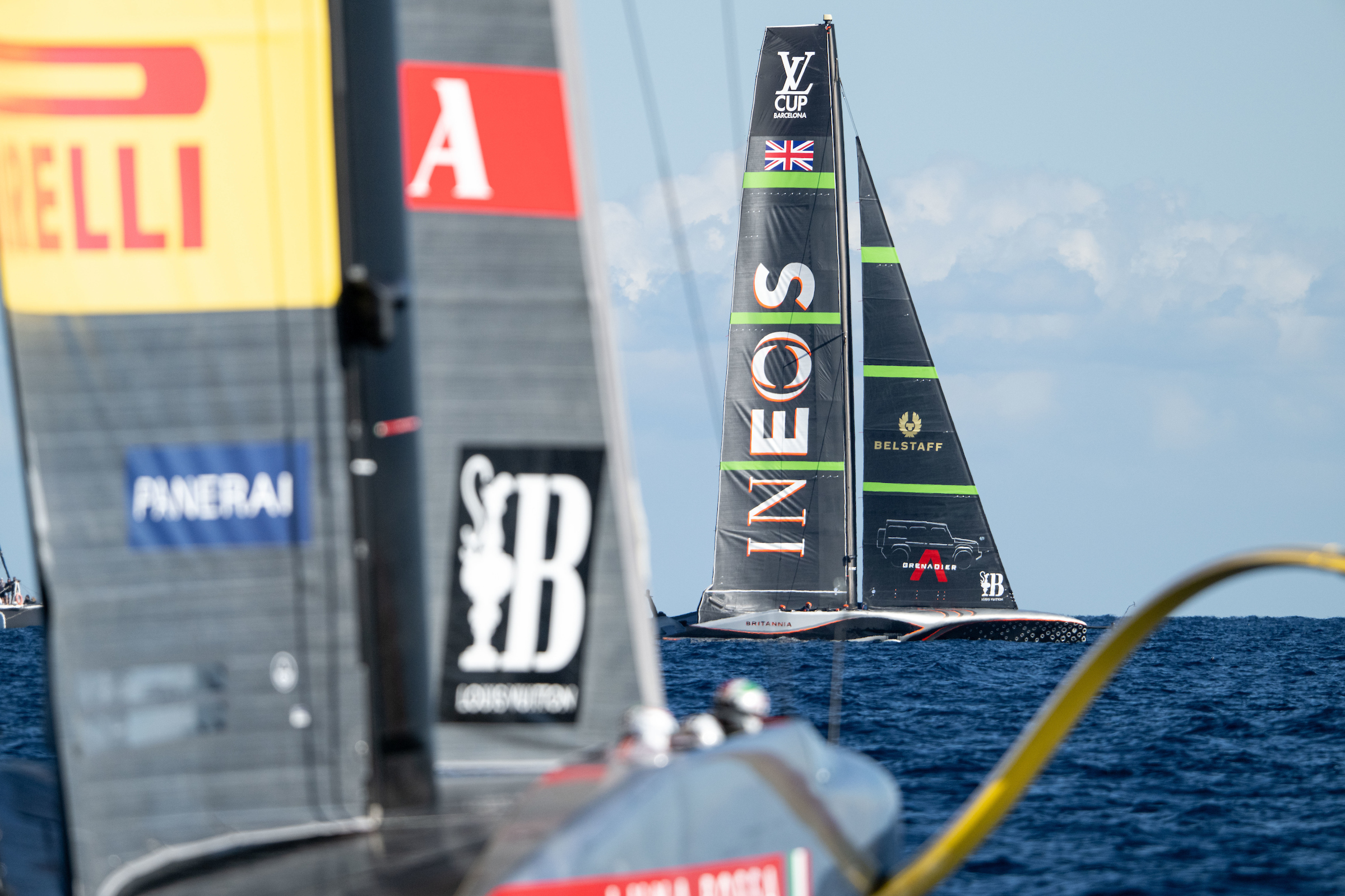 Luna Rossa Prada Pirelli faces Ineos Britannia during the Louis Vuitton America's Cup in Barcelona on September 28, 2024