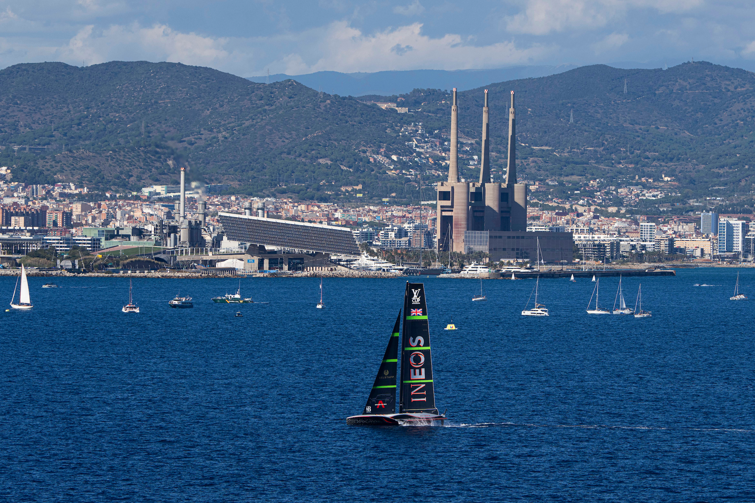 America's Cup Ineos Britannia sails off Barcelona's shore on September 28, 2024