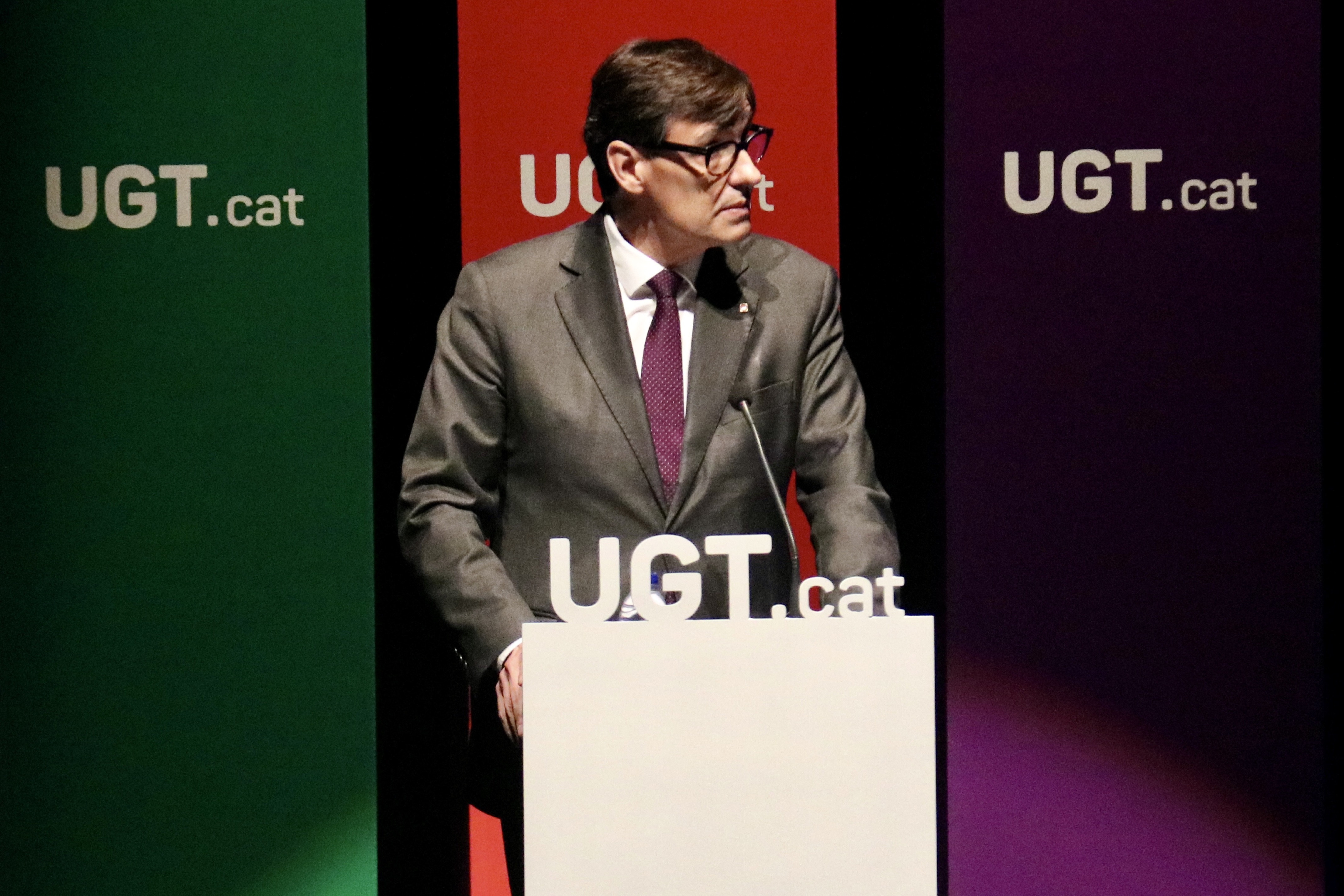 Catalan president Salvador Illa speaking at the congress of trade union UGT in Mataró