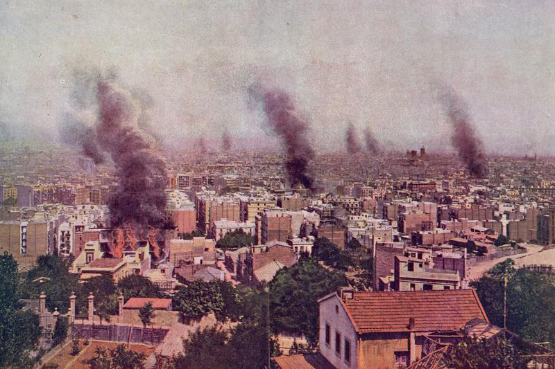 View of Barcelona from Montjuïc with the churches burning during the Tragic Week