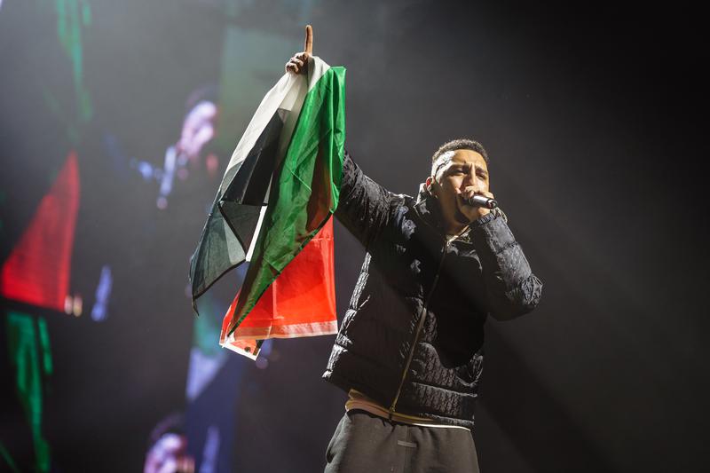 Morad performs during the 'Concert-manifest for Palestine' at the Palau Sant Jordi in Barcelona