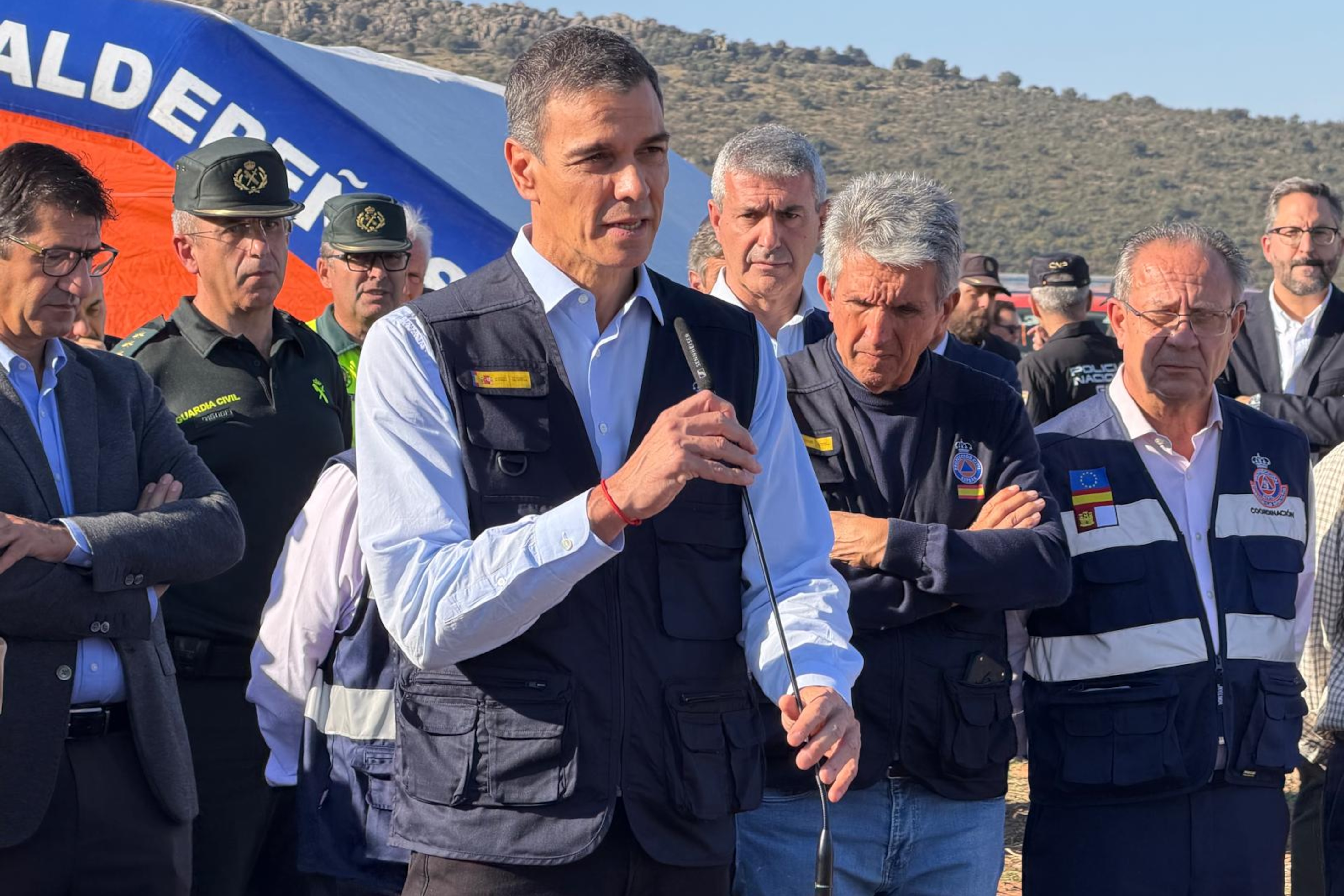 Pedro Sánchez, Prime Minister of Spain, speaking at the site of the train accident in Toledo