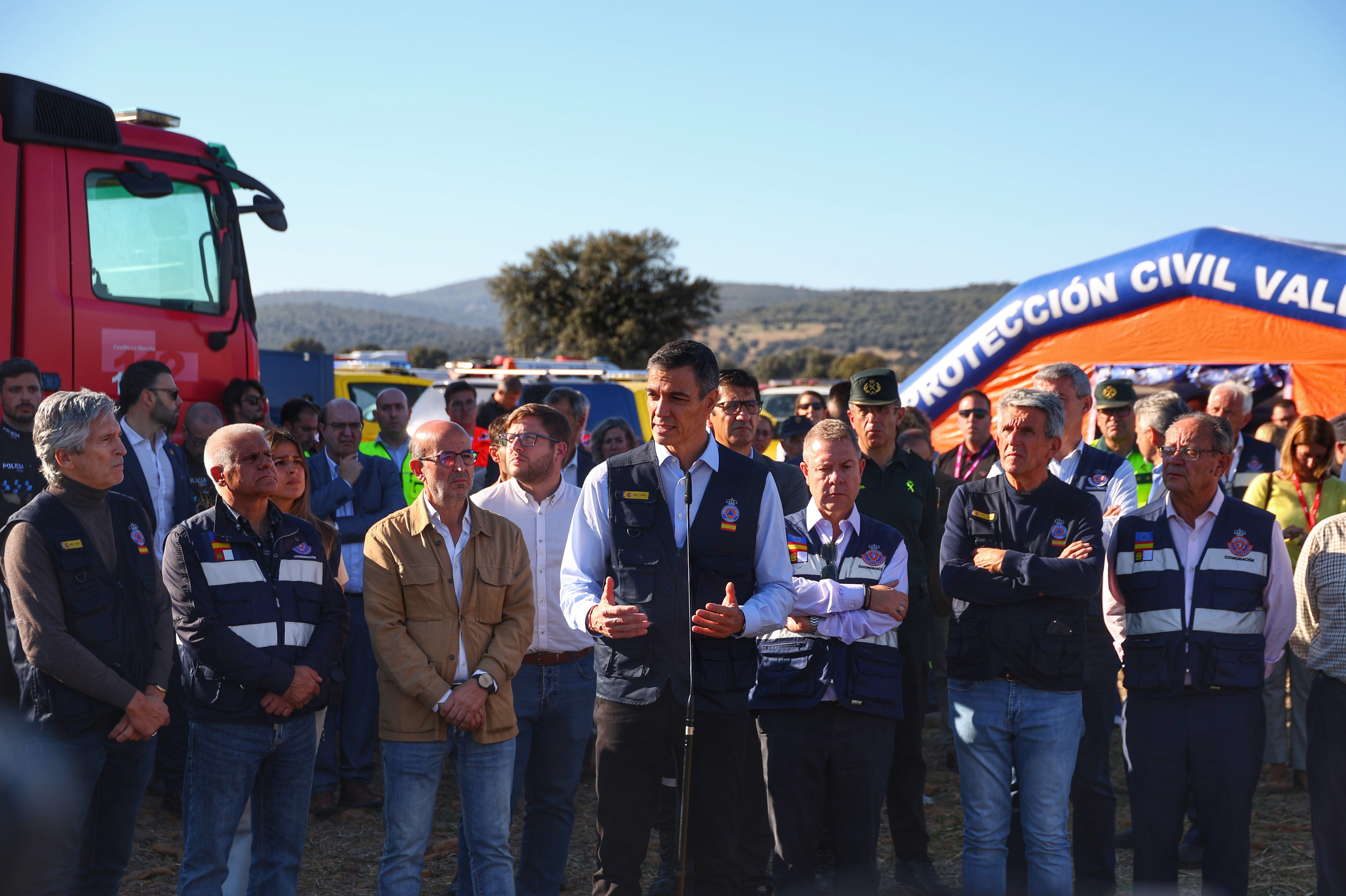 Pedro Sánchez, Prime Minister of Spain, during his appearance at the site of the train accident in Toledo