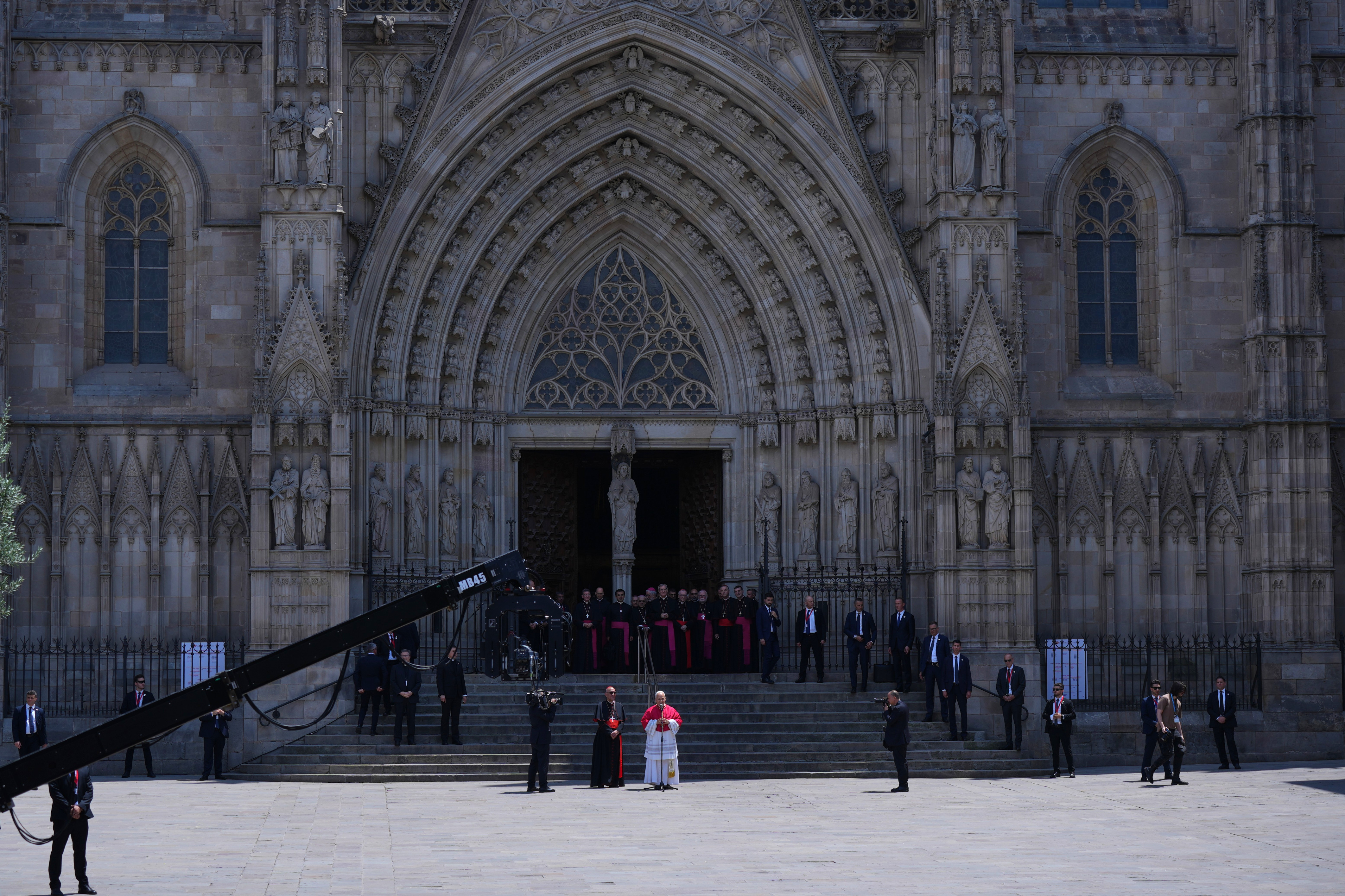 The Pope stands in front of Barcelona Cathedral
