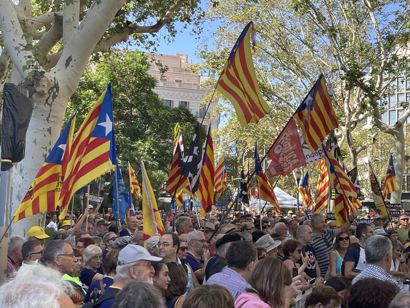 Pro-independence protesters from the civic group Catalan National Assembly gather at Urquinaona square to commemorate the anniversary of the Catalan independence referendum 