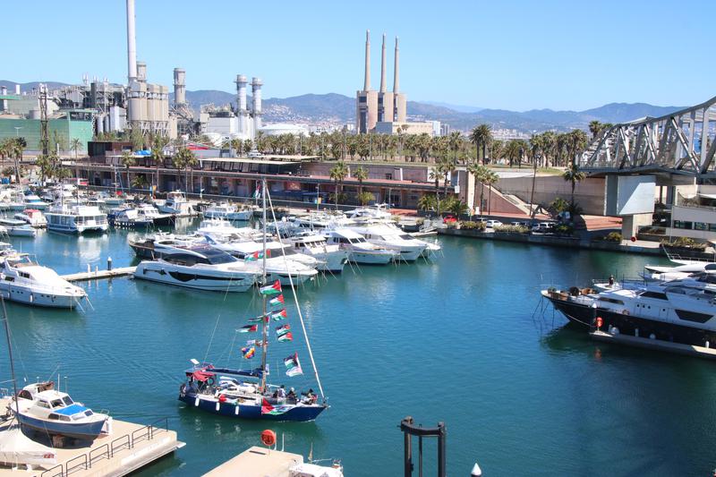 One of the Flotilla boats departs from Barcelona's Port del Fòrum